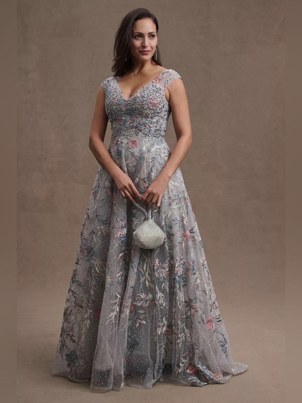 Mac Duggal Emery A-Line Hand-Embroidered V-Neck Gown